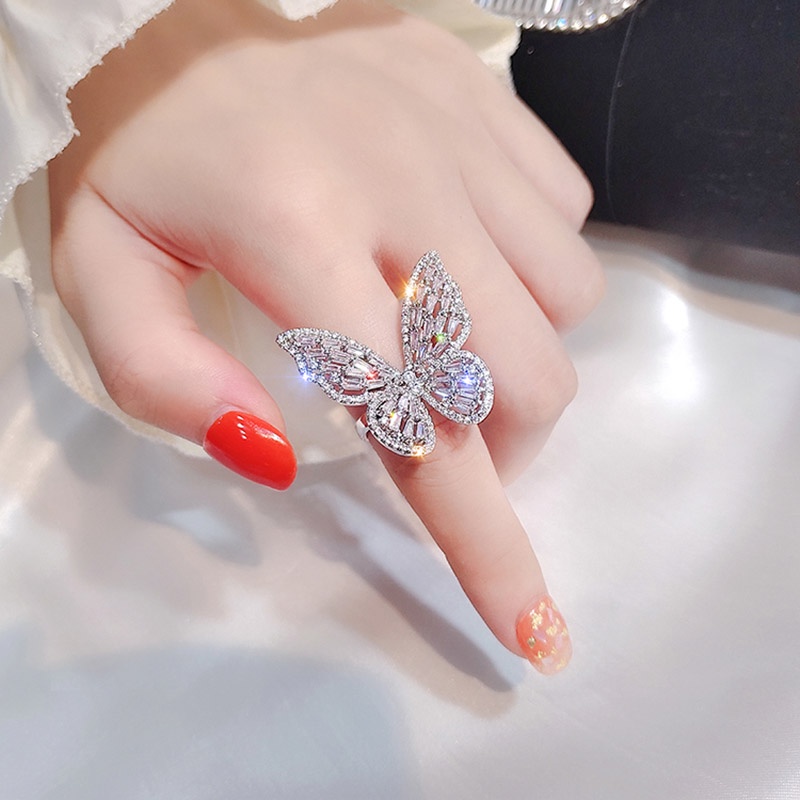 Cincin Jari Telunjuk Model Terbuka Desain Kupu-Kupu Aksen Zirkon Gaya Korea