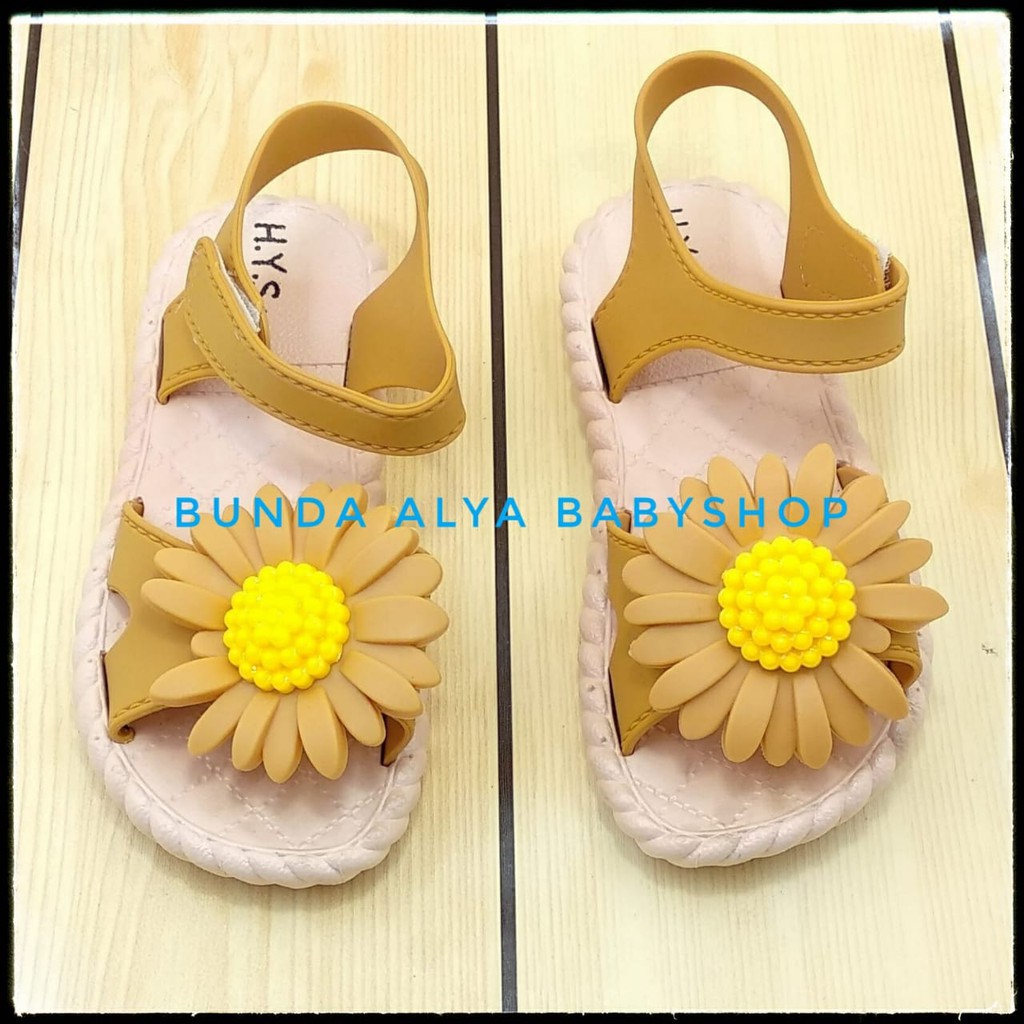 Sendal Anak Perempuan IMPORT Usia 3 4 Tahun COKLAT Elastis - Sepatu Sandal Slop Anak Cewek Lentur Bunga Kuning Alas Karet Anti Licin