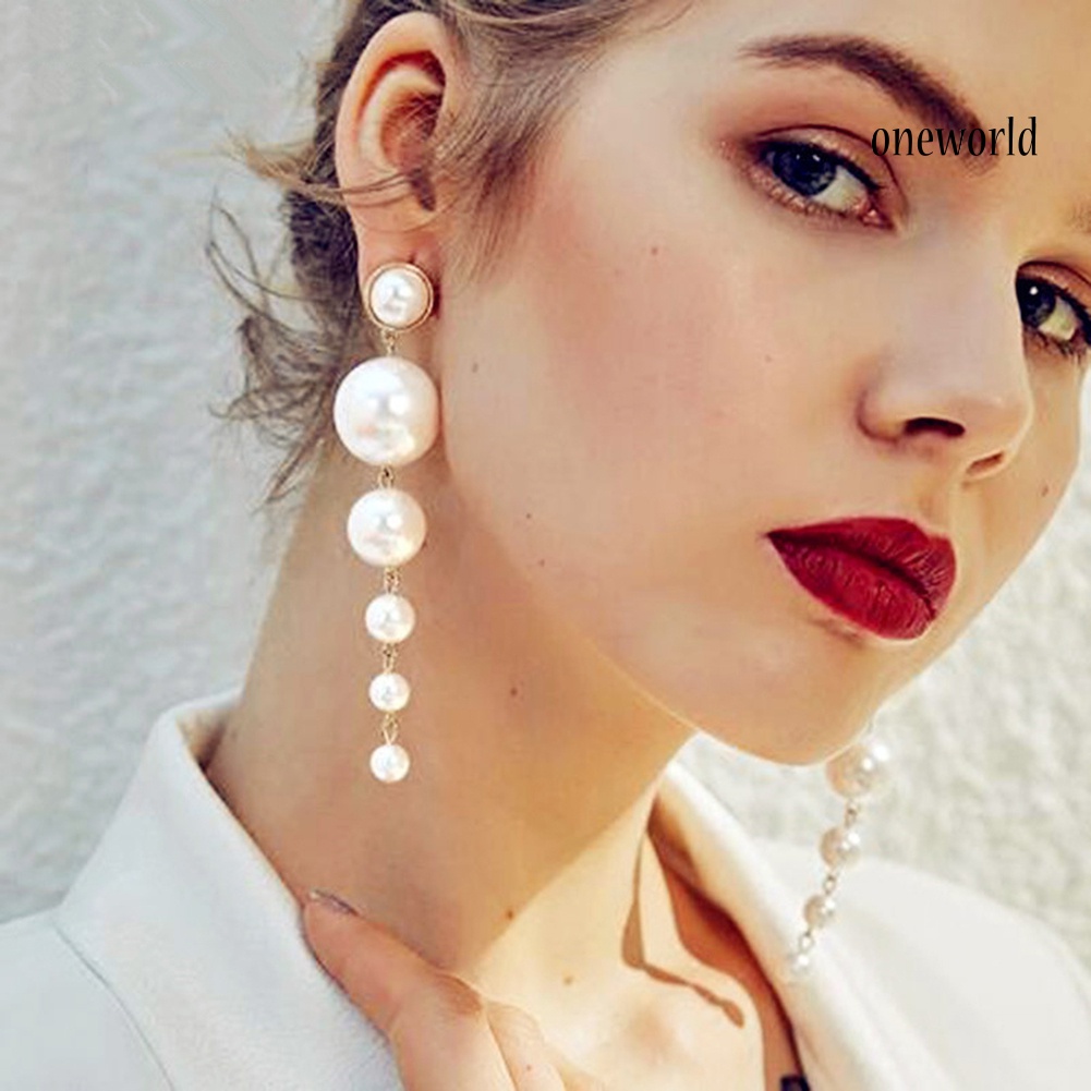 OW@ Fashion Women Big Round Faux Pearl Dangle Long Drop Stud Earrings Jewelry Gift