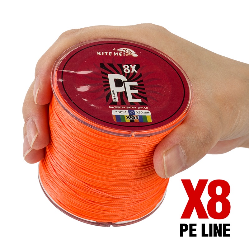 Biteme Casting 8X Senar Pancing Multifilamen 8 Untai Bahan PE Warna Oranye 300m 10-82LB