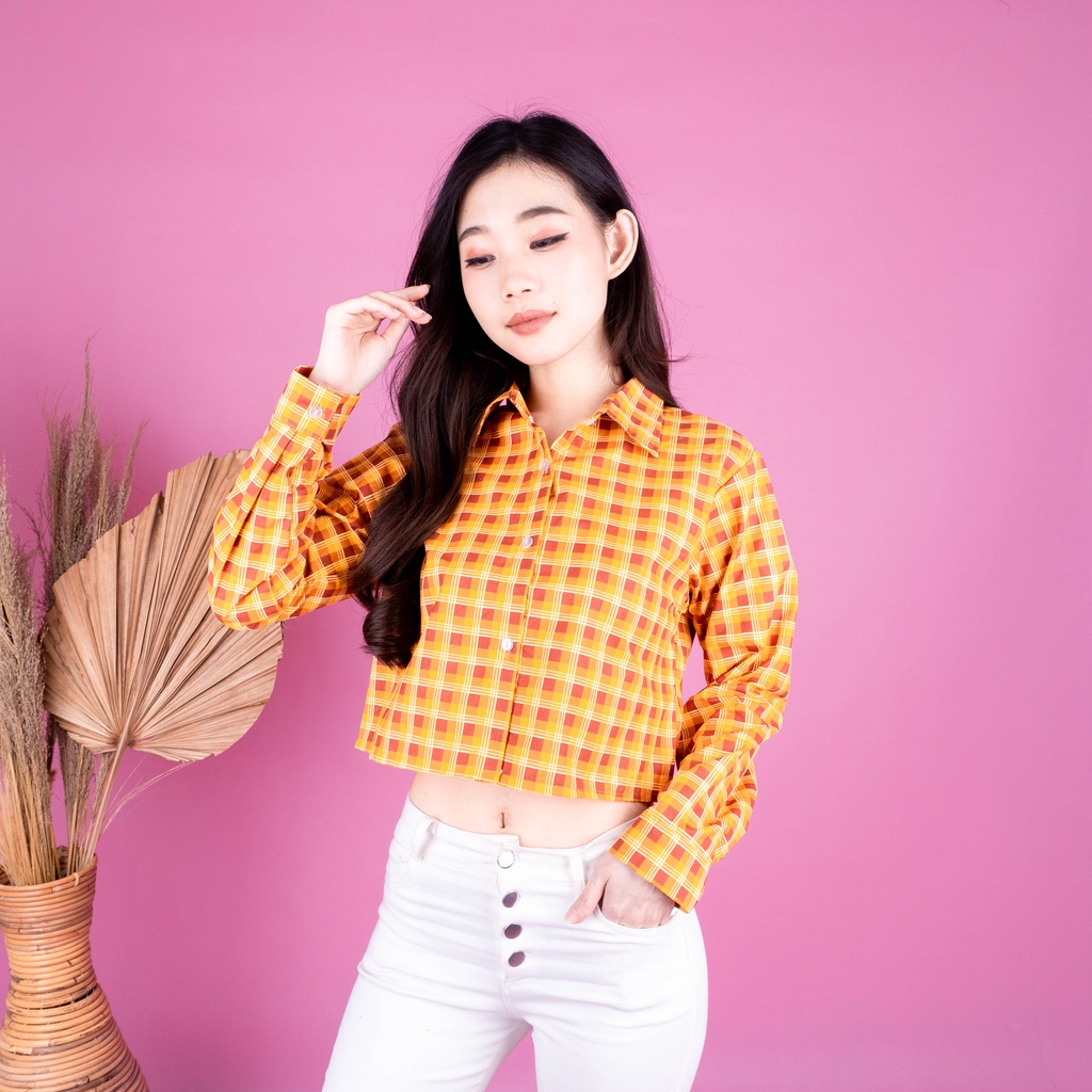 KEMEJA FEBRIC - CROP TARTAN SHIRT | KEMEJA KOTAK OVERSIZE | KEMEJA CROP TOP