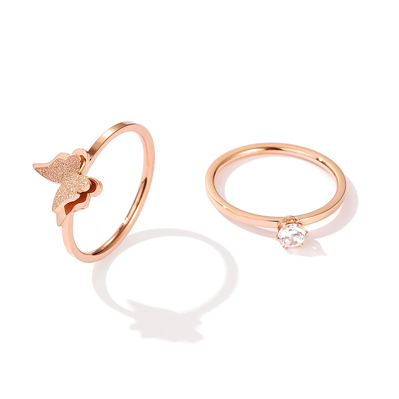 Cincin Bahan Titanium Steel Warna Rose Gold Desain Kupu-Kupu Ganda Gaya Korea