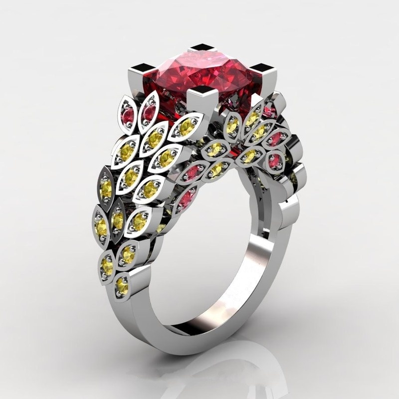 [Ready Stock]Creative Inlaid Ruby Leaf Ring 18K Gold