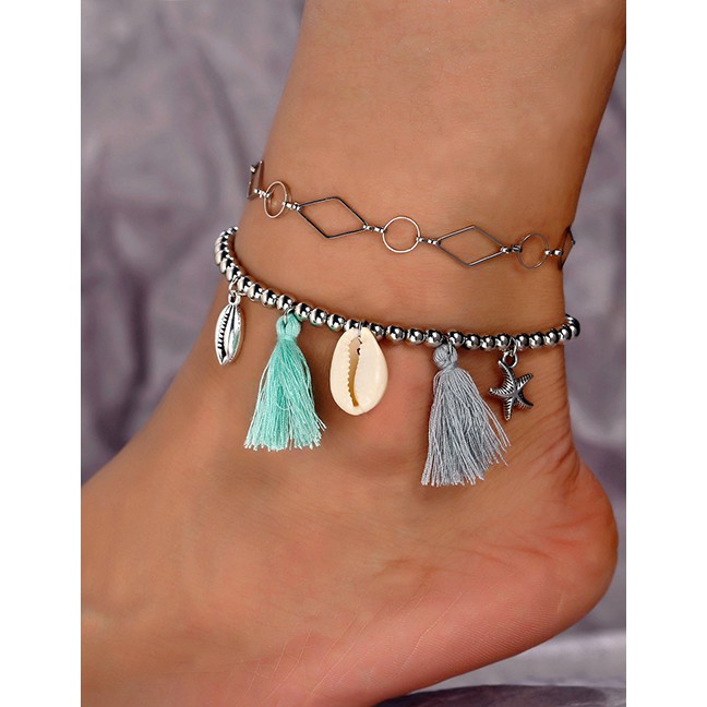 LRC Gelang Kaki Fashion Silver Geometric Metal Shell Starfish Tassel Anklet 2 Piece Set F74539