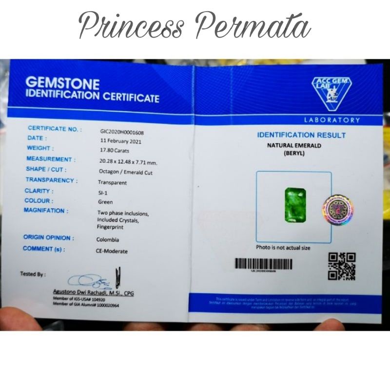 Batu Permata Natural Emerald Beryl Zamrud Colombia Big Size Sertifikat ACC LAB Crystal
