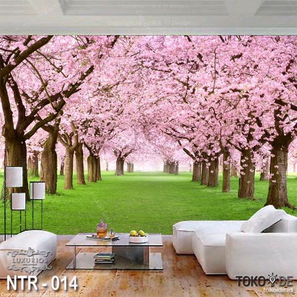 Wallpaper Custom 3D Pohon Sakura Walpaper Hiasan Dinding Pemandangan Alam Jepang Sticker Gunung Stiker Pegunungan Lukisan Mural