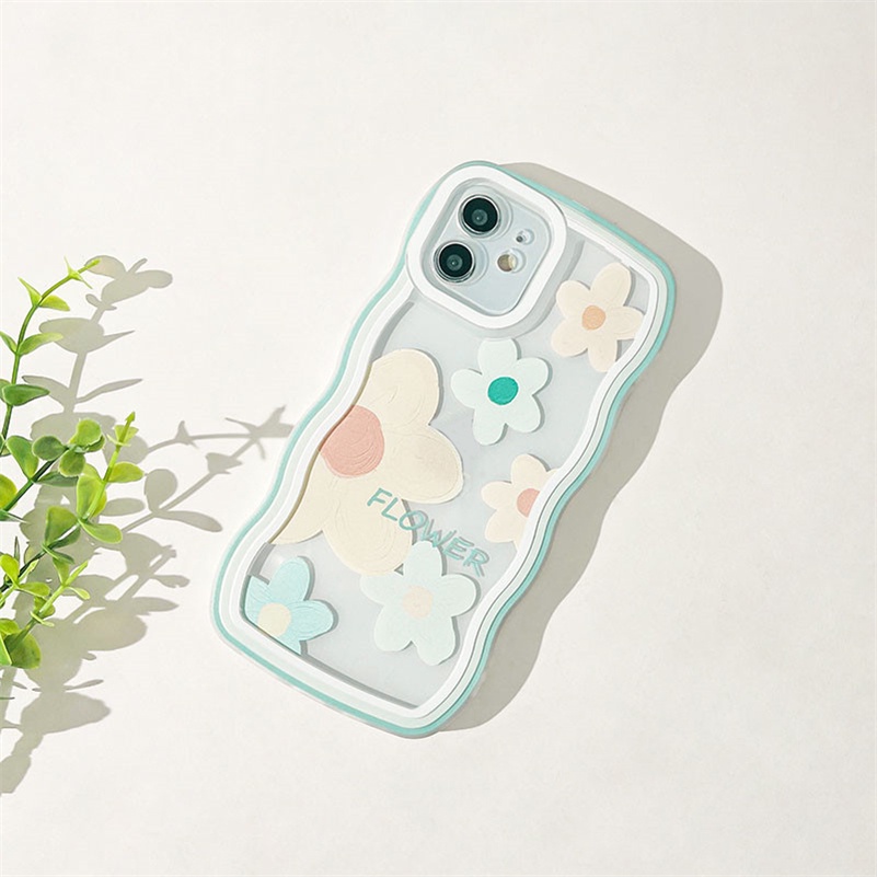 Soft Case Silikon Transparan Motif Bunga Hijau Untuk Compatible for iPhone 14 13 12 11 Pro Max X Xr Xs Max SE iPhone 8 7 6 6s Plus Flower Green Wave Edge Clear Phone Case Soft Silicone Shockproof Phone Protective Cover