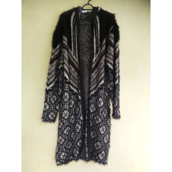 BCBGMAXAZRIA*Long outer fuzzy hoodie tribal cantik
