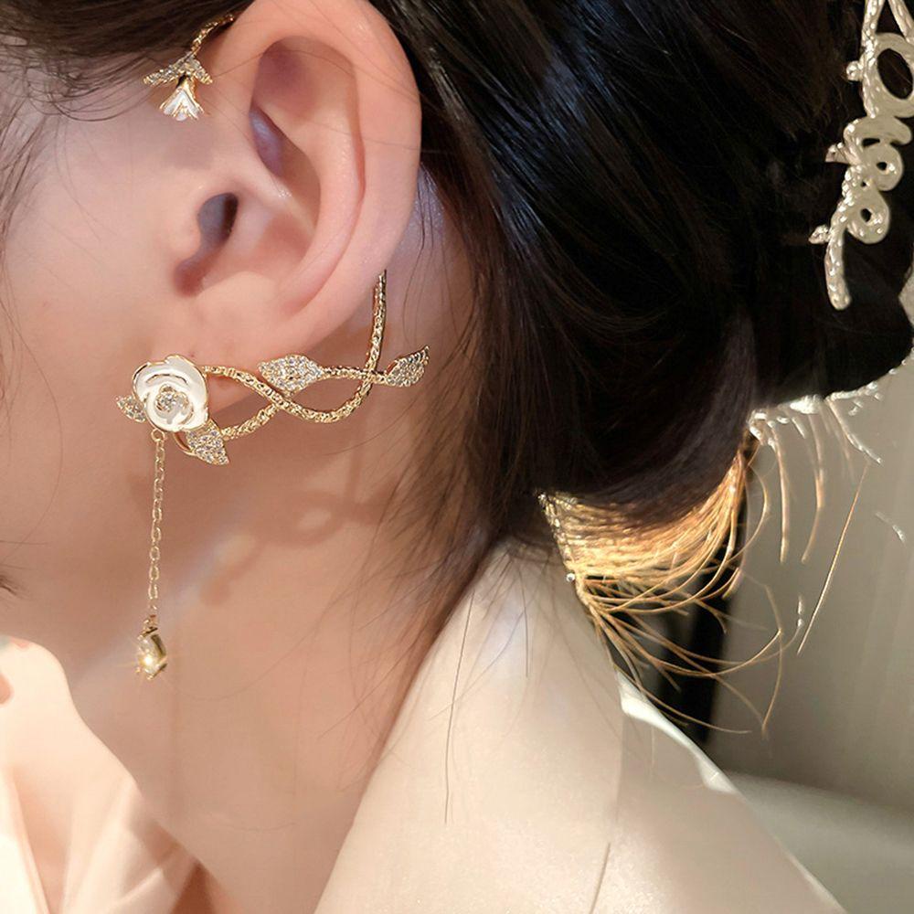 Mxbeauty Anting Klip Bunga Mawar Trendy 1pc Rantai Panjang Perempuan Tanpa Tindik Zirkon Gaya Korea Klip Telinga