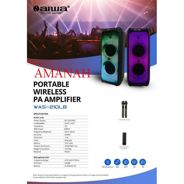 SPEAKER PORTABLE WERELESS  AIWA WAS 210LB 2X10 INCH DOUBLE WOOFER SUPER BASS NEW WAS 210LB