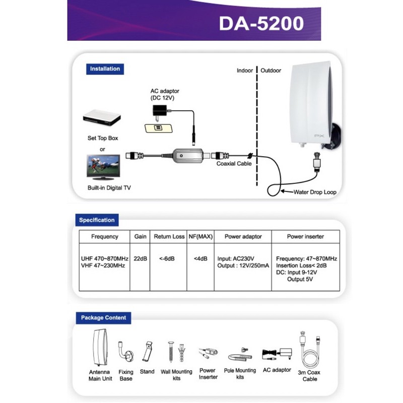 PX DA 5200 ANTENA TV LED booster Digital Indoor/outdoor Luar/ dalam ruangan praktis murah bagus