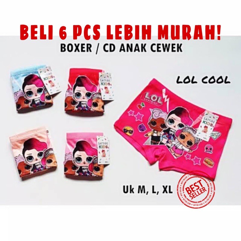 6 PCS CD KANCUT  CELANA DALAM BOXER ANAK PEREMPUAN MOTIF LOL BAHAN ADEM / BOKSER ANAK LOL MURAH