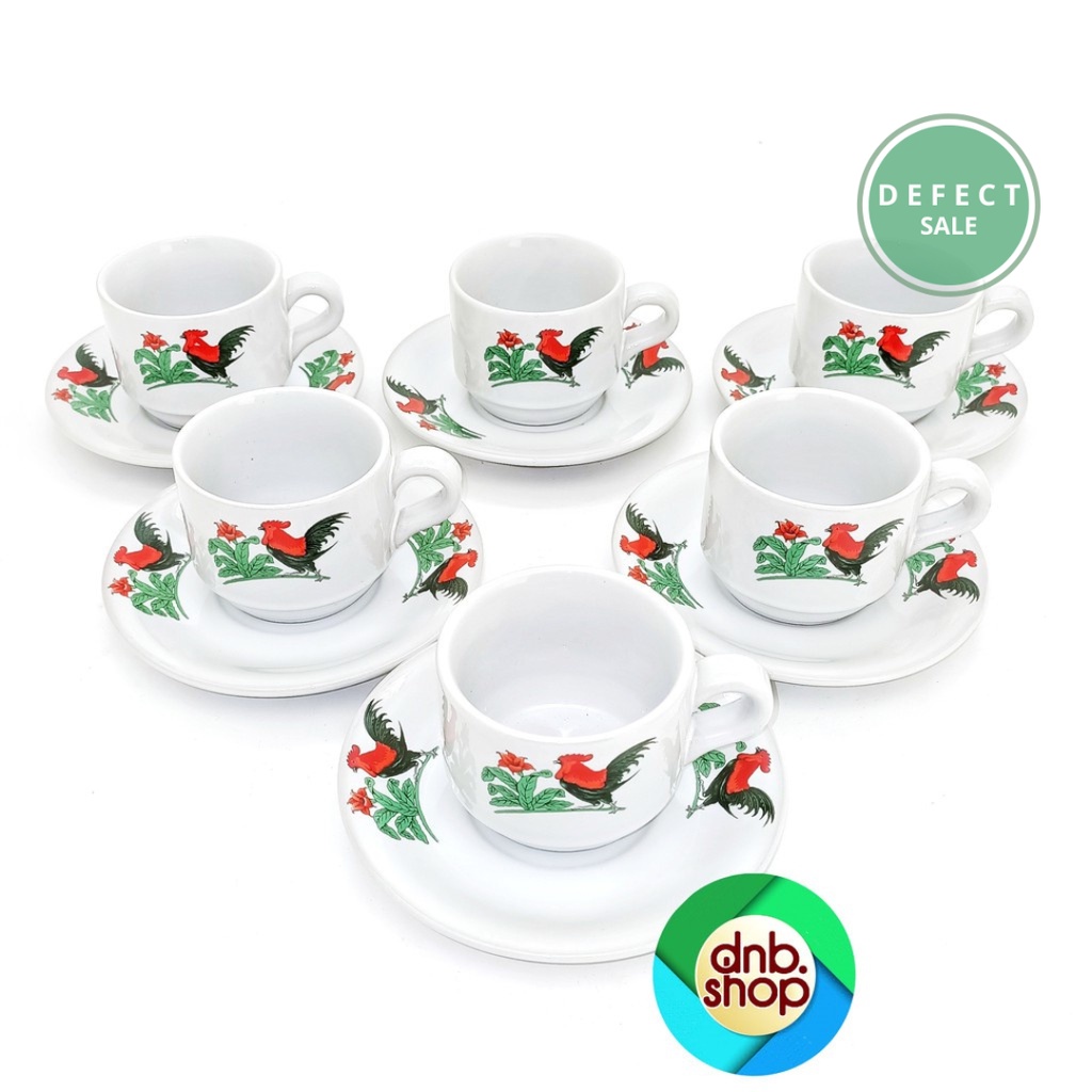 [DEFECT] 6 Pasang Cangkir Set Teh Motif Ayam Jago JADUL / 6 Gelas & 6  Saucer