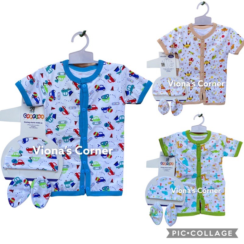 Set Romper Pendek, Topi, Mitten/Sarung Tangan. Baju bayi baru lahir. Merk Caprina