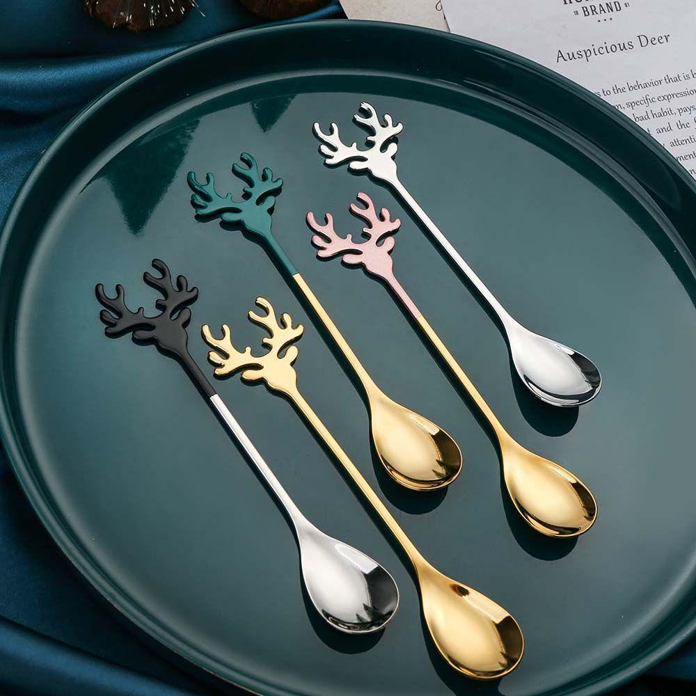 Nickolas1 Sendok Kopi Stainless Steel Kualitas Tinggi Natal Elk Deer Head Dessert Stirring Spoon