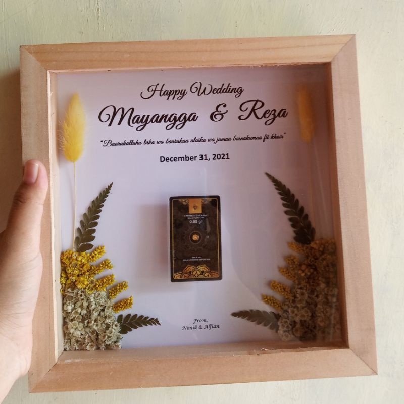 Mahar Dry flower figura bingkai mini gold emas antam | kado nikah tunangan custom-1