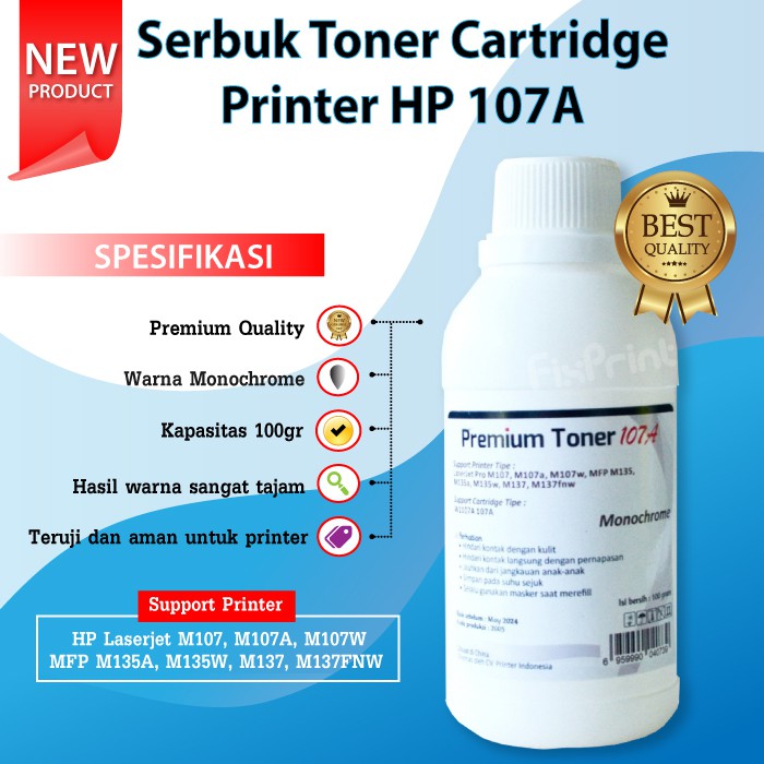 Serbuk Toner Cartridge HP 107A W1107A Bubuk 1x Refill Printer Laserjet M107A M107W MFP M135A M137FNW