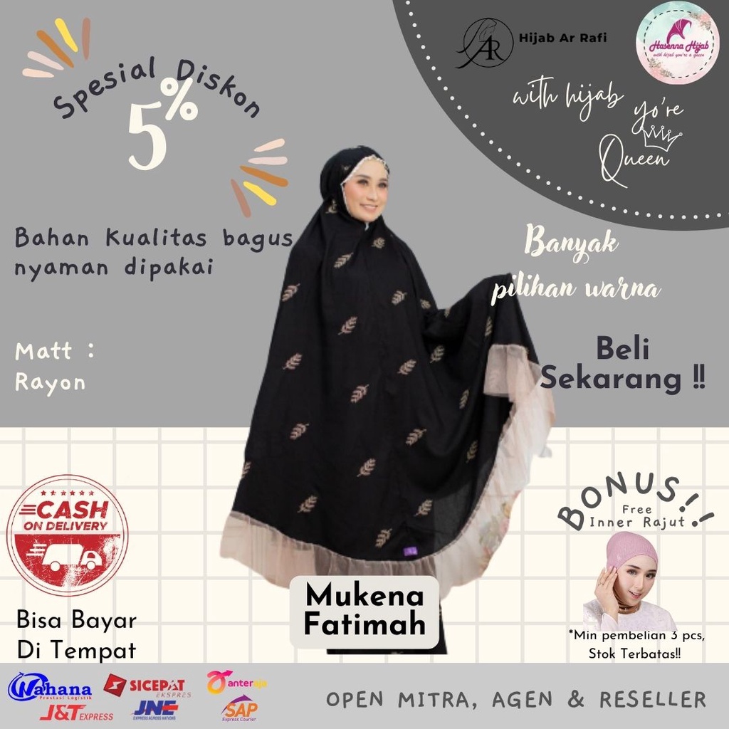 Mukena Dewasa Arrafi Mukena Fatimah Rayon Premium Aksen Renda Dan Tile Motif Bordir Daun