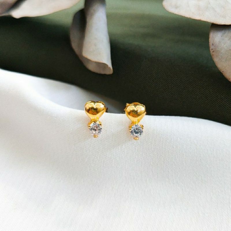 Giwang Wanita Hati Batu permata Putih Earring Love Perhiasan Emas asli