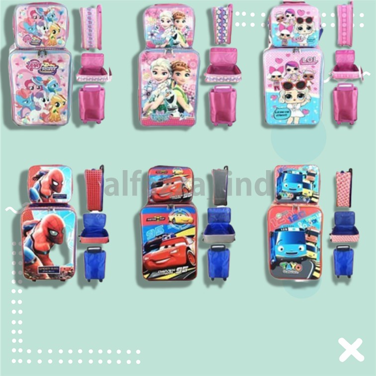 W9998E Hg-423 Tas Travel Anak Karakter Dua Resleting Frozen Elsa Anna Pink Biru Murah Koper Jinjing