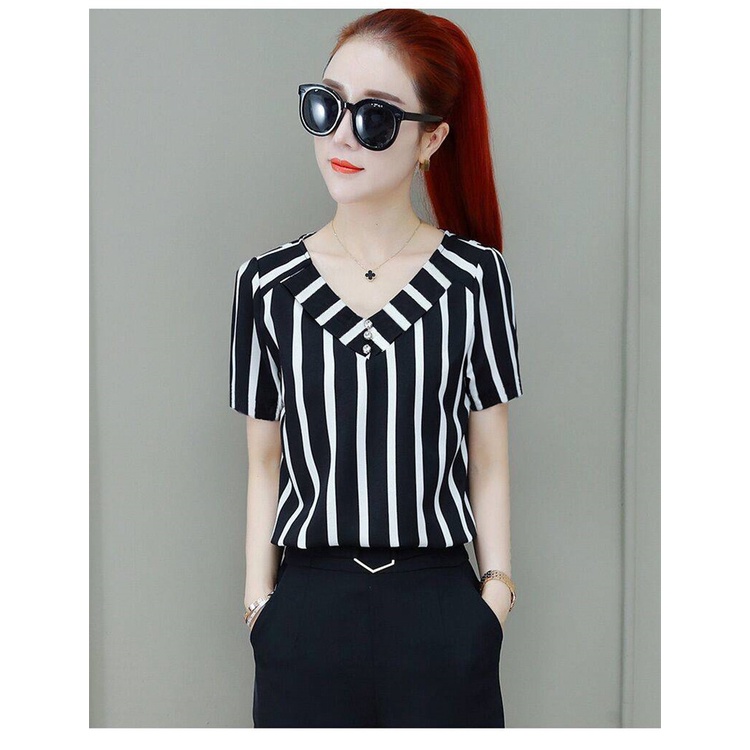 NEW Blus Wanita Fashion Lengan Pendek Slim Fit Bergaris V-Neck Sifon Pakaian Atasan S-3XL