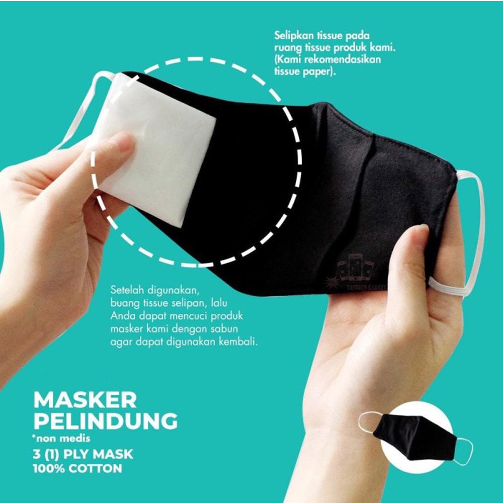 Masker Kain 3 Lapis Polos + Tempat Kantong Warna Hitam Tempat Tissue Masker Kain Earloop 3ply Polos