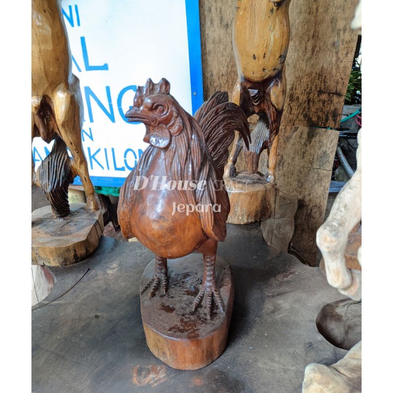 Patung Ayam Jago Kayu Jati