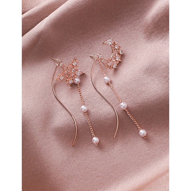 LRC Anting Tusuk Fashion Rose Gold 925 Silver Studs With Zircon Star Moon Tassel Earrings D20856