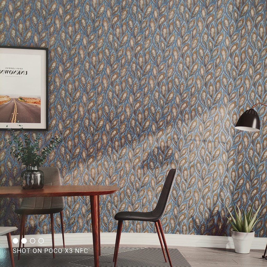 Jual Wallpaper Dinding Vinyl Premium Daun Abstrak Biru Gold Siver Tebal