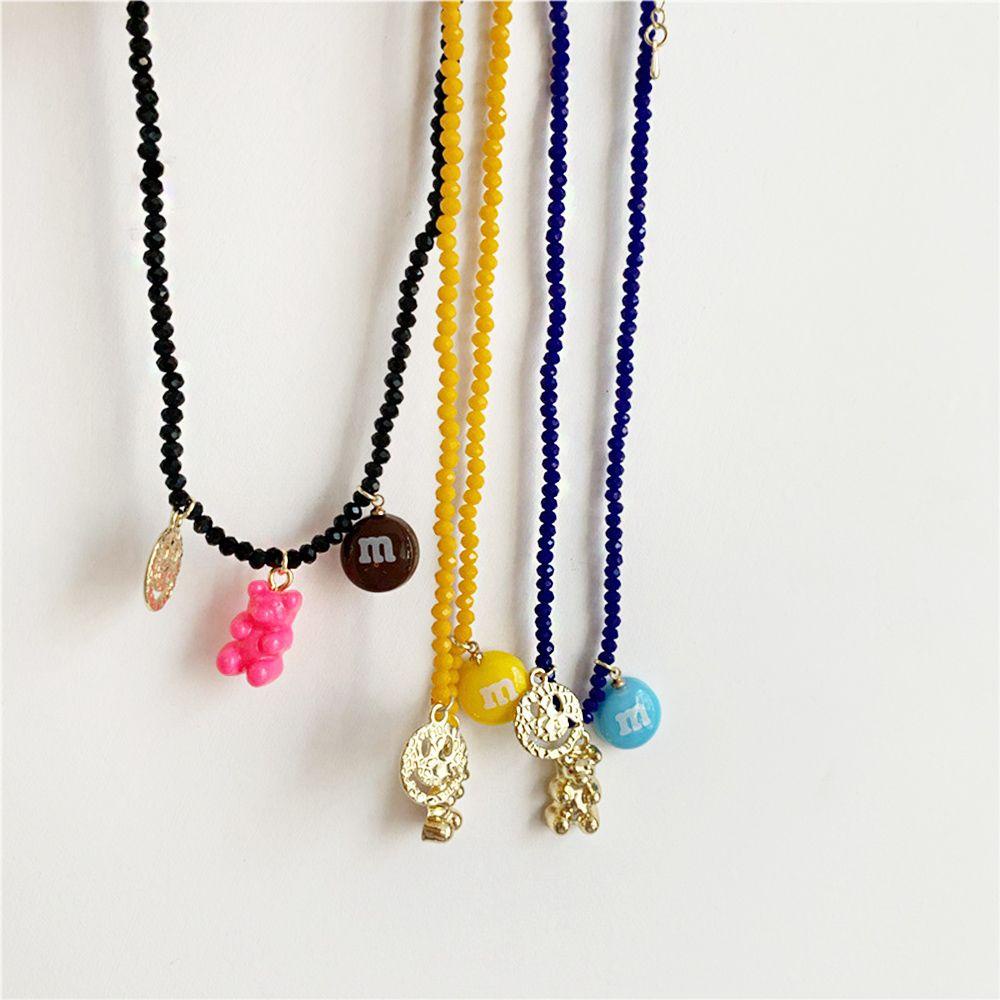 Needway   Beruang Rantai Klavikula Gadis Vintage Huruf M Kacang Boho Kalung Smile Face Beads Women Necklace