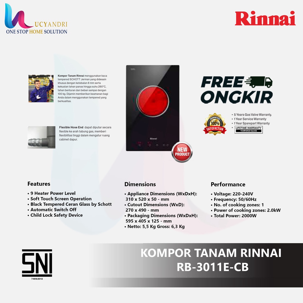 kompor tanam listrik induksi 1 tungku RINNAI RB 3011E CB FREE ONGKIR