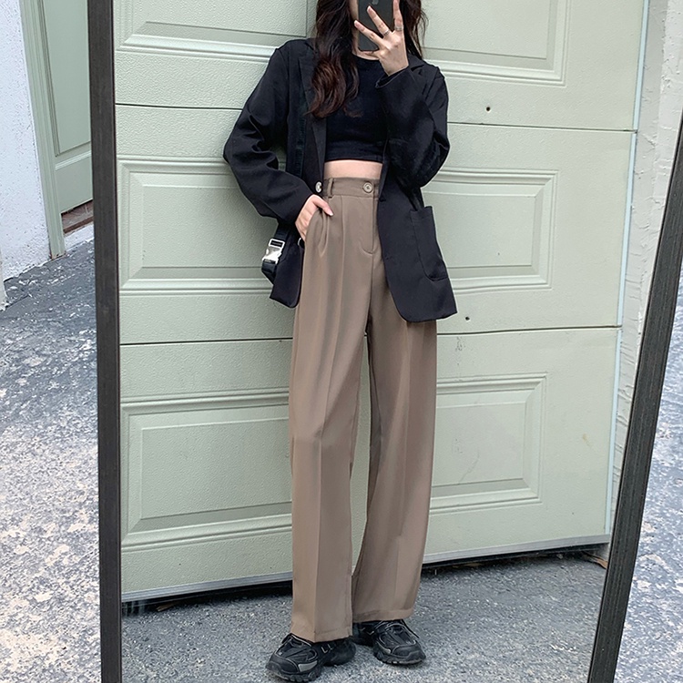 [2 Warna]Korean Style Fashion Minimalis Celana Panjang Khaki Celana Kulot High Waist Kasual Wanita