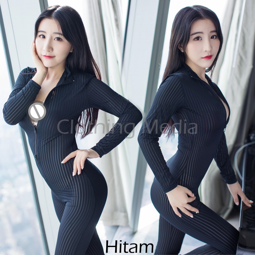 Full Bodysuit Silky Salur Warna Garis Bodystoking Dua Zipper Catsuit Bodycon Lingerie