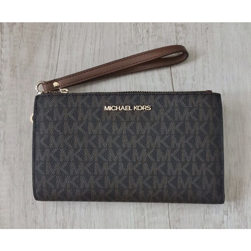 dompet michael kors mk jetset doble zip wristlet brown