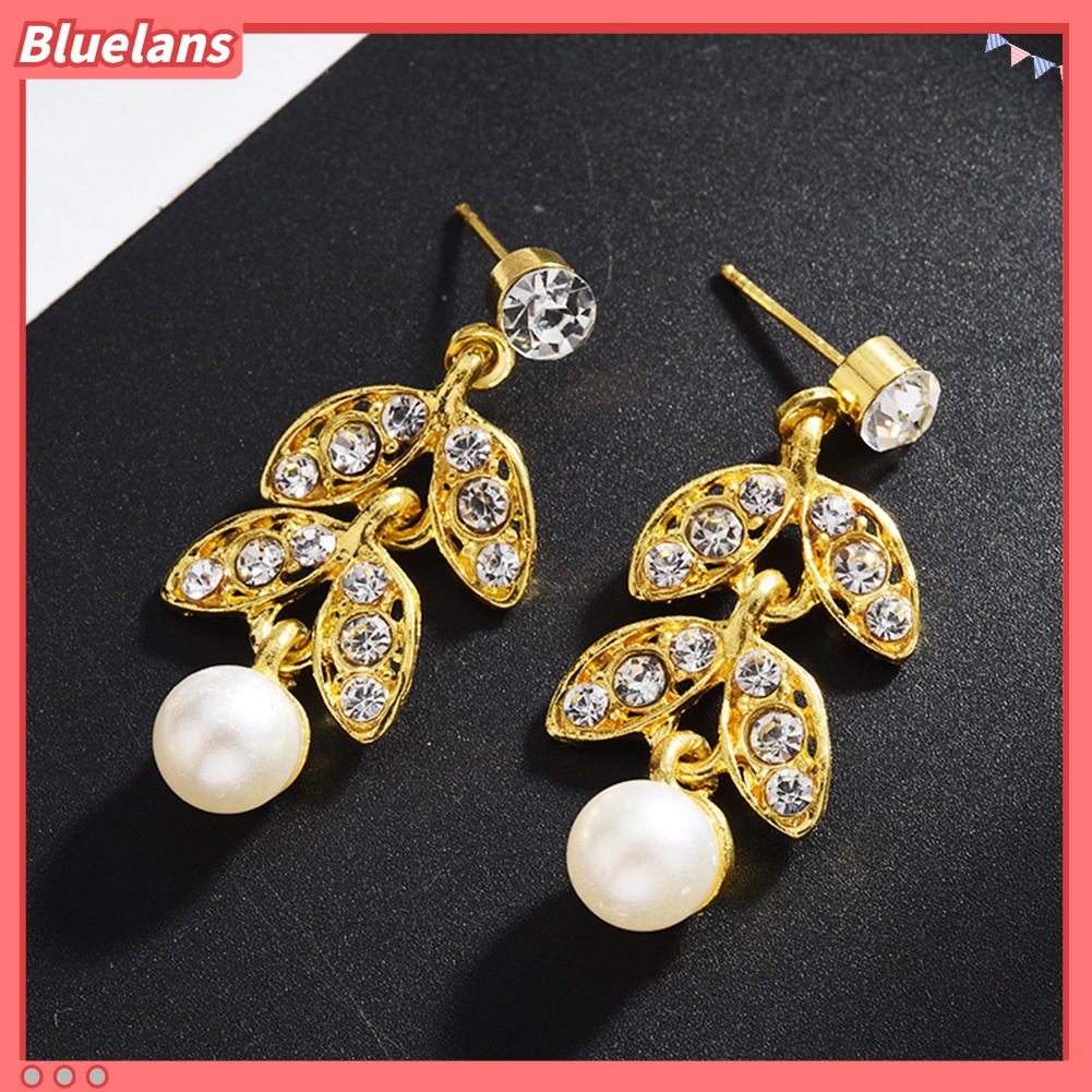 Set Perhiasan Kalung Anting Menjuntai Bentuk Daun Aksen Mutiara Berlian Imitasi Untuk Pernikahan