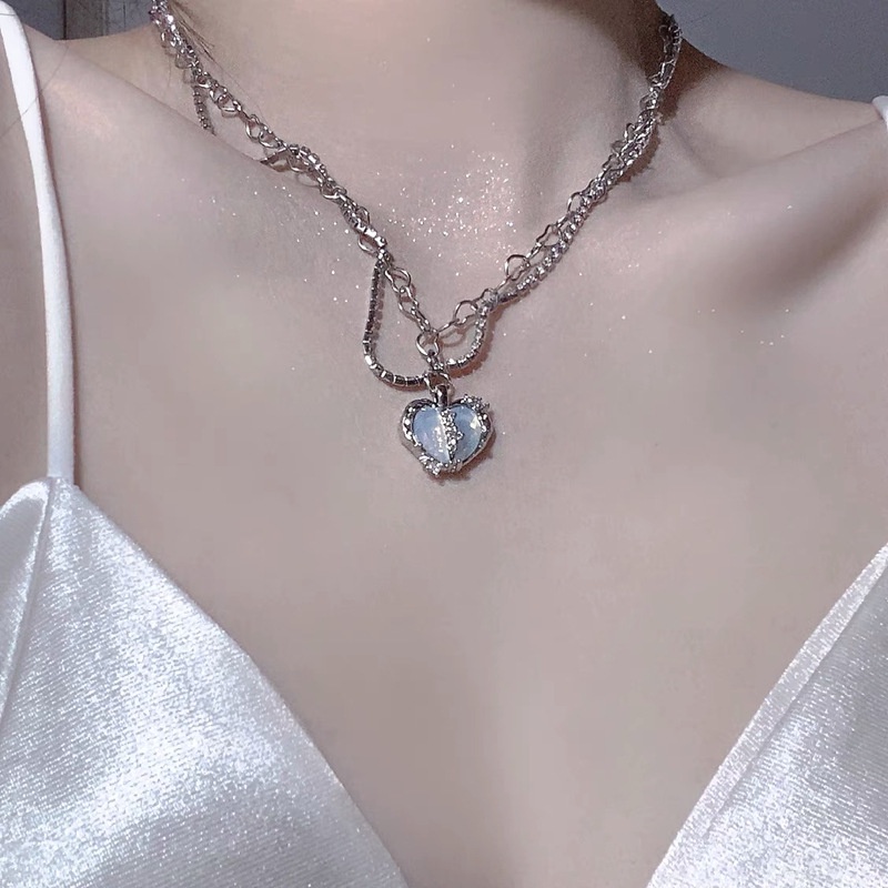 Kalung Multilayer Bentuk Hati Warna Biru Gaya Korea Untuk Wanita