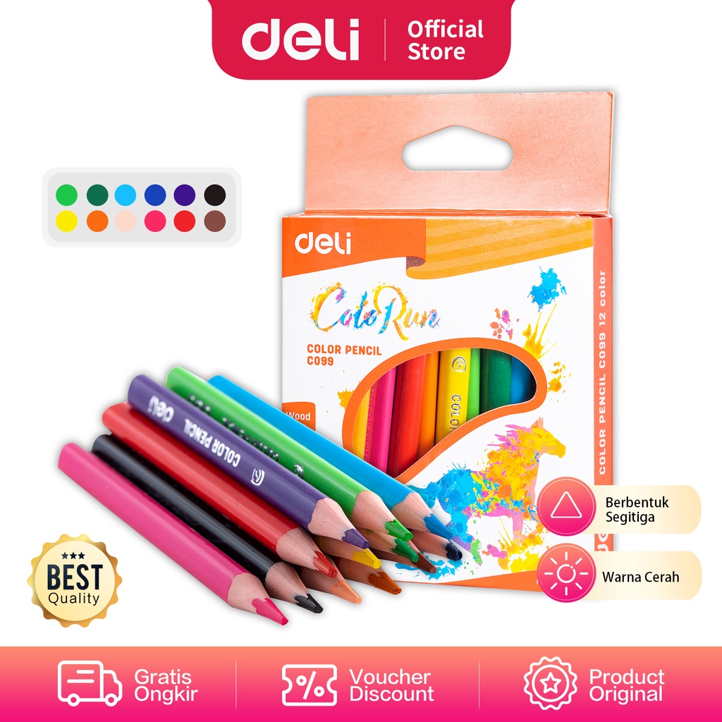 

Deli Pensil Warna 12 Warna Bebas Kayu, Warna Terang, Pegangan Segitiga EC09900