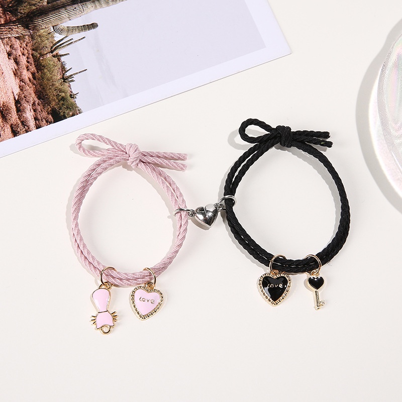 【MHANG】2 PCS/Gelang Tali Hati Kucing Persik Kartun Yang Lucu Gelang Pasangan Cinta Pink Romantis Magnet Fashion Menarik Perhiasan Hadiah Ulang Tahun Untuk Pacar