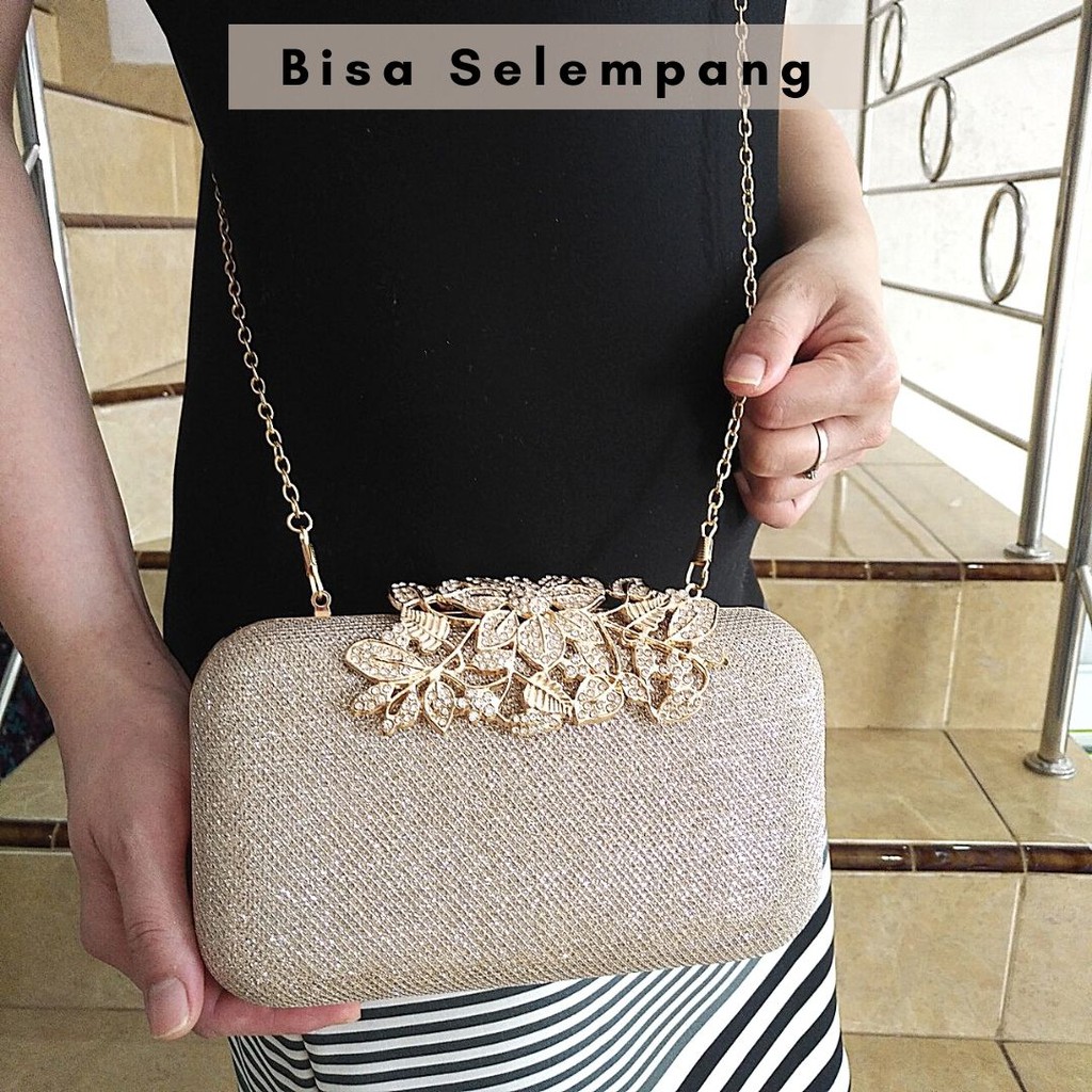 Tas  Pesta Kristal Bunga Import Mewah Kondangan Murah Elegan Gold Hitam Wisuda Gold Hitam 705578 KLIKSISTA