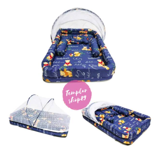 Kasur bayi set kembu bantal guling model kolam bears biru