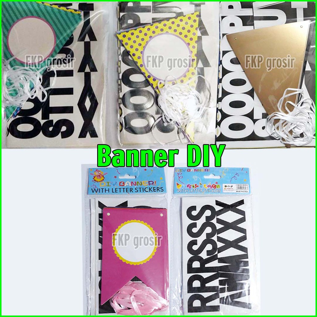 

GROSIR Per 6 pcs - BANNER DIY SEGITIGA DAN PITA MOTIF WARNA DENGAN STIKER HURUF LENGKAP