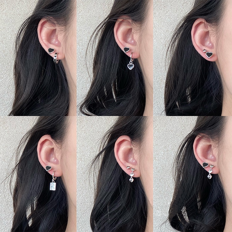 6pcs / Set Anting Hoop Drop Bentuk Hati Warna Silver Untuk Wanita