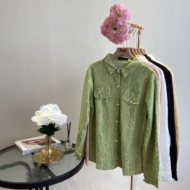 Arshilla Premium Long Sleeves Brukat Lace Shirt / Atasan Kemeja Blouse Wanita Brokat Motif Bunga Matahari