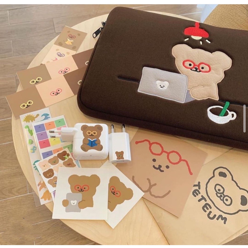 Sleeve Pouch Sarung Tas Bag Case Ipad Tab Tablet Macbook Air Pro Laptop Asus Acer Lenovo HP Huawei 11 12 13 14 15 inch Motif Gambar Beruang Bear Warna Coklat Lucu Cute Murah Korean Model