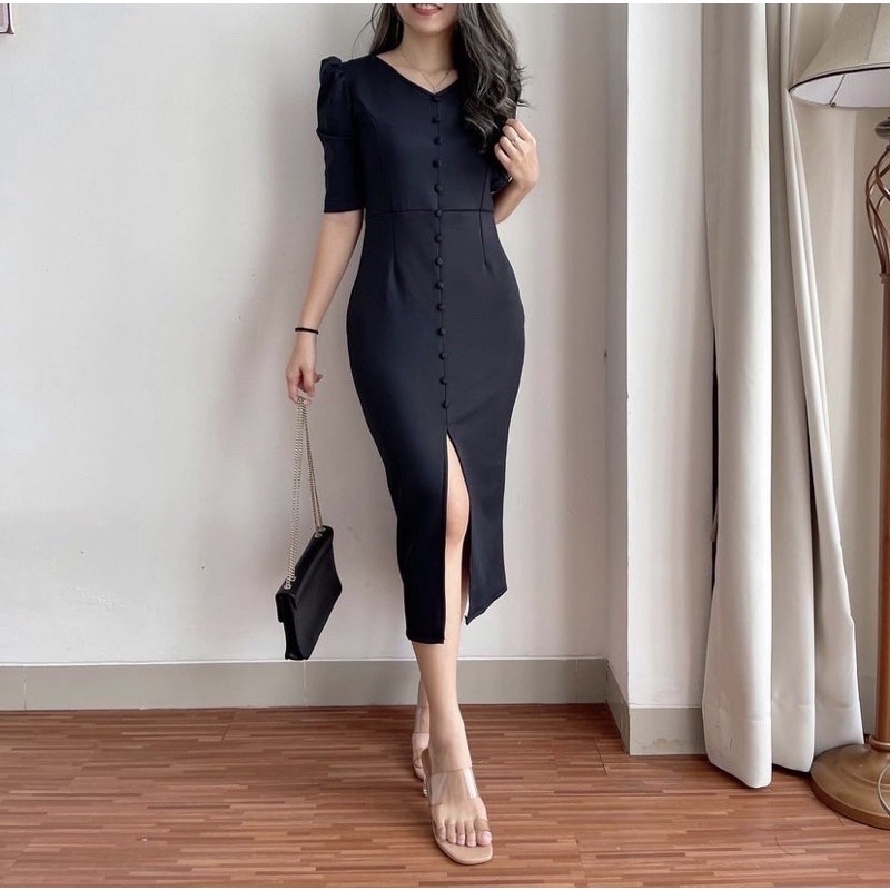 Elfashion • Dress Bodycon Button | Midi Dress Wanita