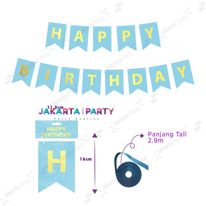 Banner Happy Birthday Biru Gold #2 / Bunting Flag HBD / Banner hbd