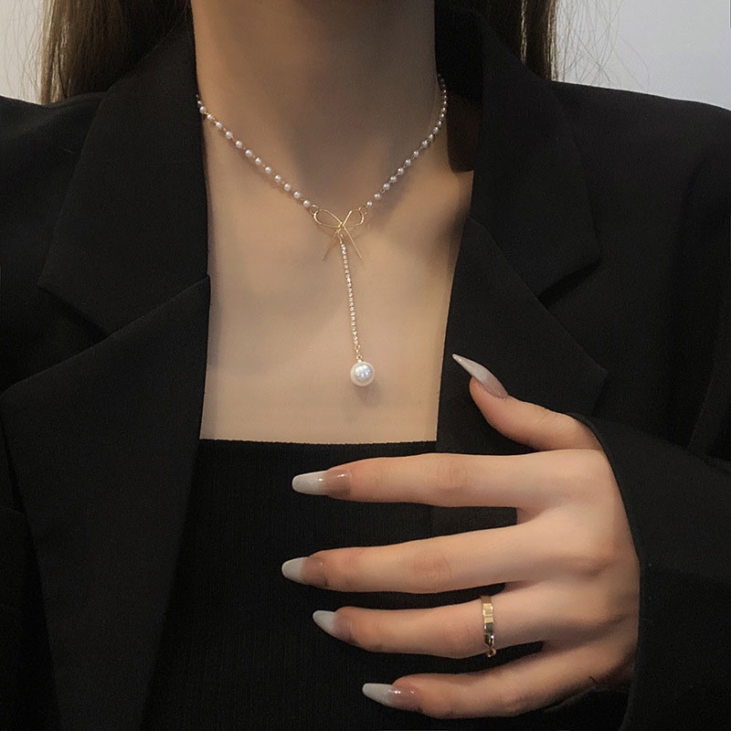 XiaoboACC Kalung Rantai Dengan Liontin Pita + Mutiara Gaya Korea Untuk Wanita 48.4CM+5.3CM