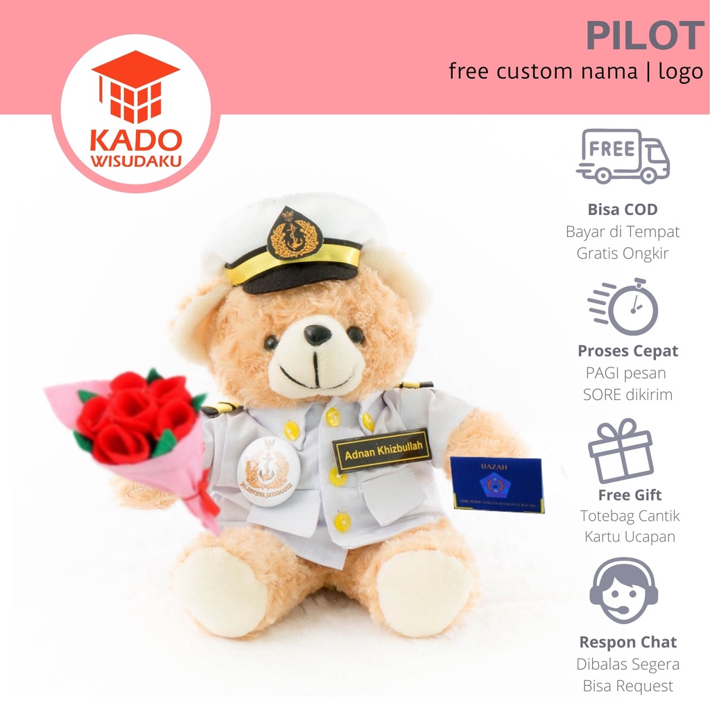 Boneka Profesi Pilot Teddy Bear Medium dengan Mini Bunga