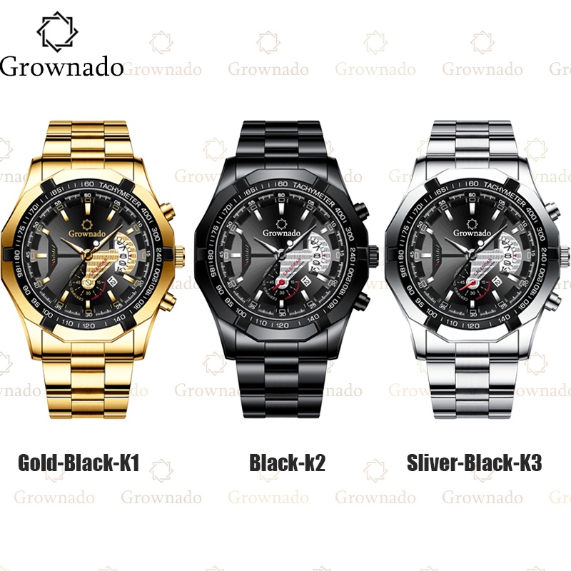 【Harga Terendah】✅Jam Tangan Pria ✔ Anti Air + Anti Gores Grownado Original Keren Fashion Watch Quartz Bisnis Kalender Stainless Steel (Free BOX-Kartu)-8