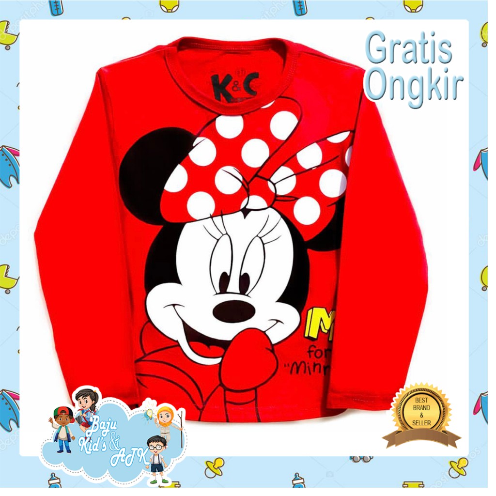 BajuKids&ATK Baju Kaos Anak Perempuan Lengan Panjang Min Min Shy Merah